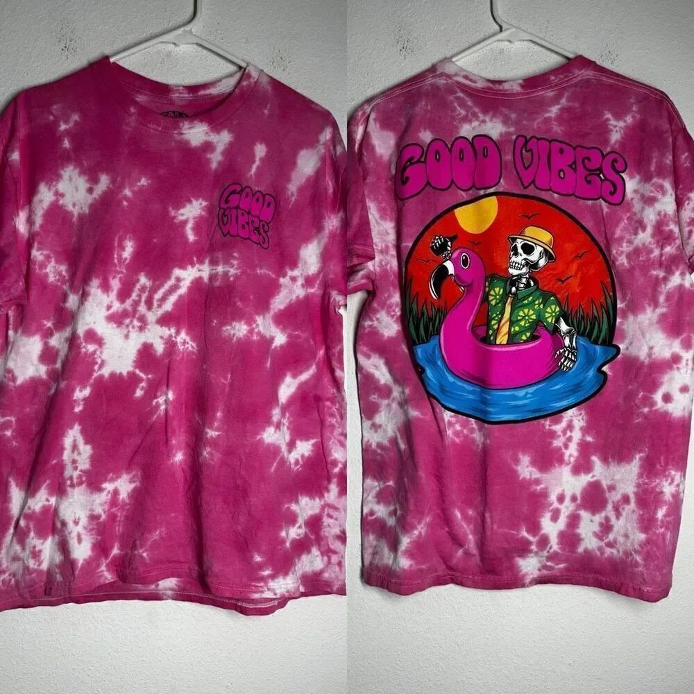 Call Your Mother GOOD VIBES T-shirt Cotton SzXL Tie Dye Pink Skeleton See Notes